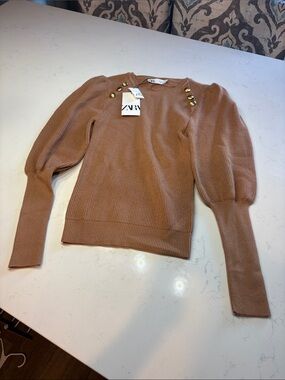 Zara Camel Puff-Sleeve Ribbed Sweater with Gold Buttons